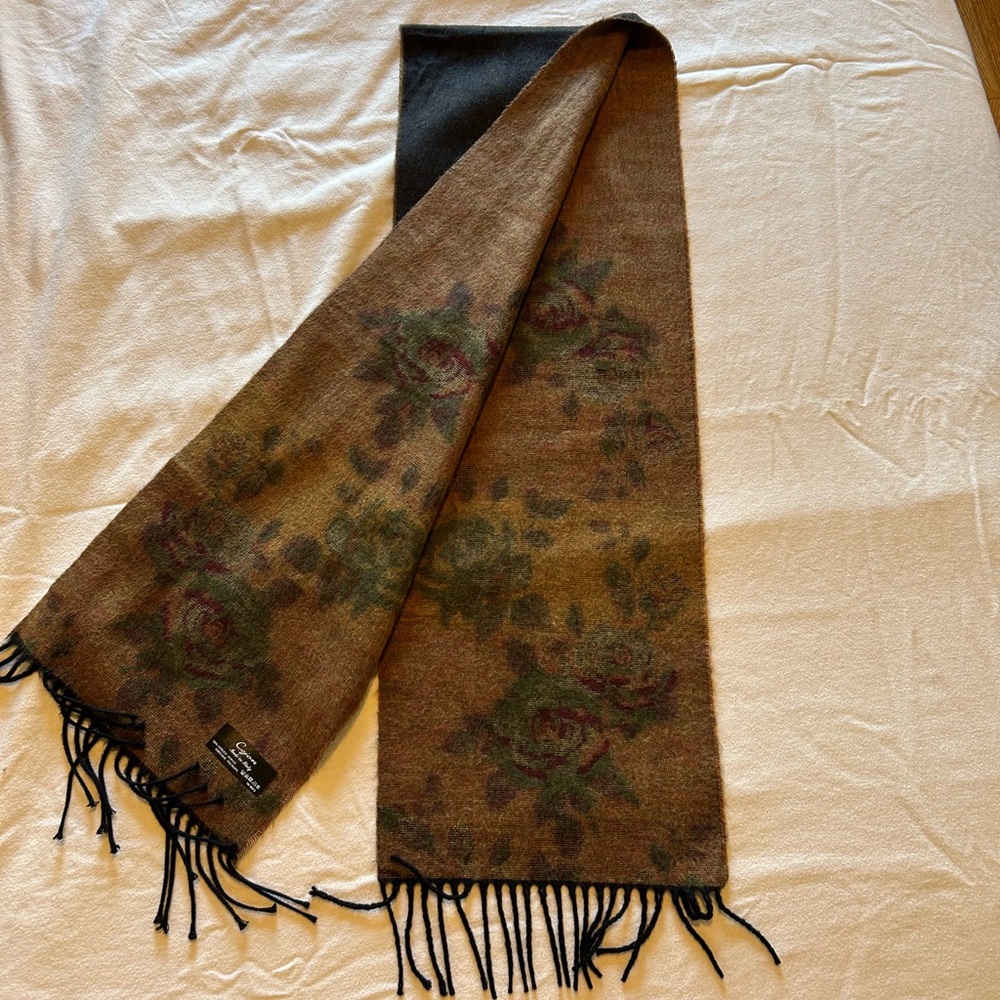 Italian-made Brown Floral Scarf with Black Fringe